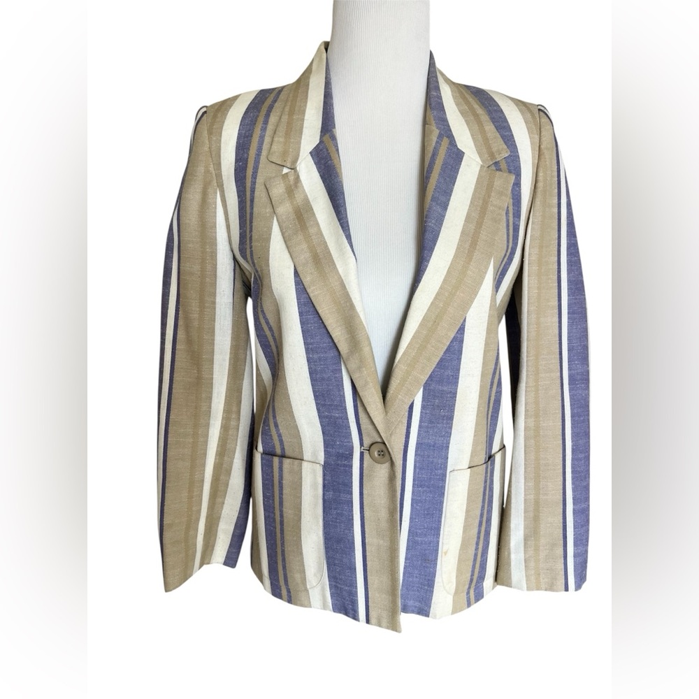 Vintage Country Suburbans ILGWU Blazer Striped Size 6 Tan Light Blue Cream